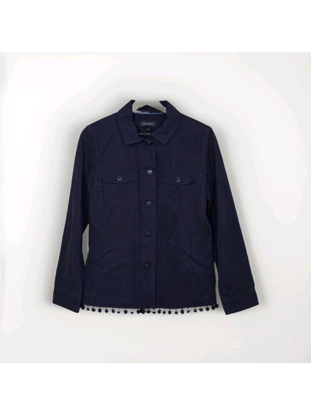 Talbots Utility Jacket Women S Navy Blue Safari Cotton Pom Pom Hem Button Front